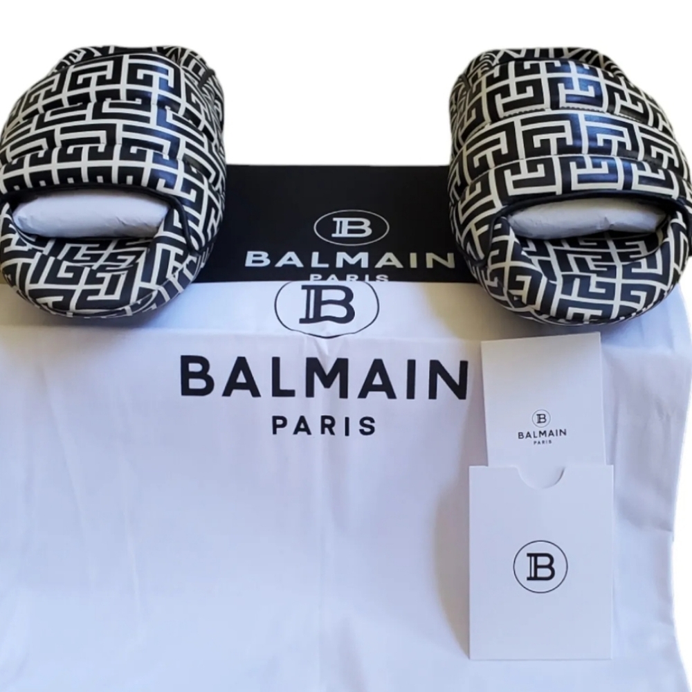 $895 Balmain Men's Black B-It Monogram-Printed Leather Slides SZ 8, 10, 11 12 13